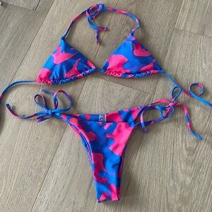 SHEIN Blue and Pink Tie-Side Triangle Bikini Set